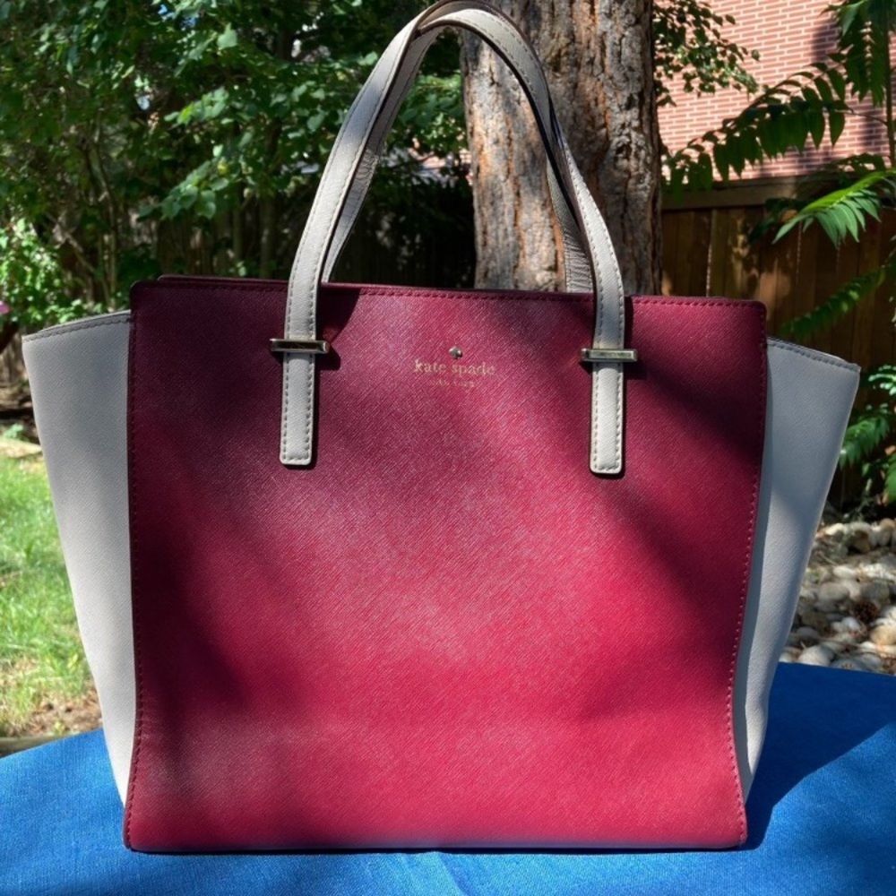 Kate Spade ♠️ Leather Handbag Great Size And Condition! Linen And Merlot Colors! - Picture 6 of 9